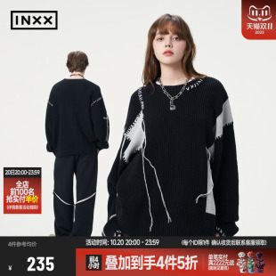 男潮牌手缝线设计圆领毛衫 黑白撞色拼接针织衫 上衣情侣 INXX