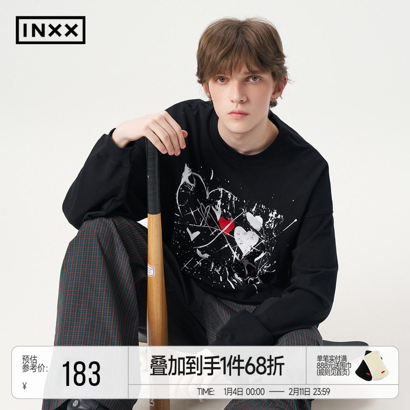 INXX美式休闲风落肩袖T恤男女同款水墨涂鸦宽松圆领上衣情侣