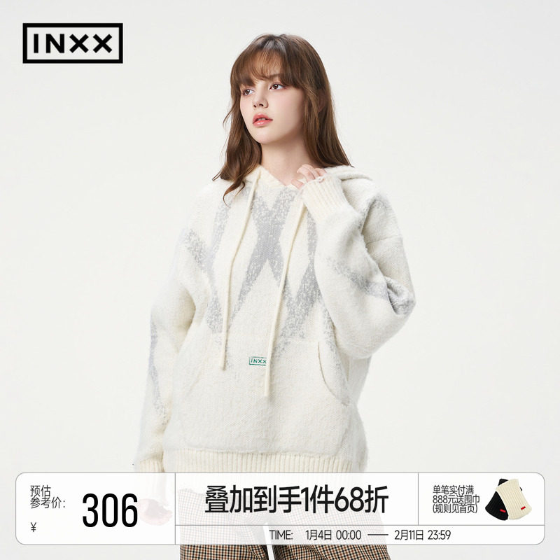 INXX明星同款仿马海毛撞色连帽街头感宽松百搭休闲毛衣情侣款