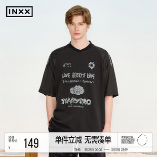 上衣男女同款 T恤甲骨文印花宽松五分袖 街头小v领短袖 INXX美式