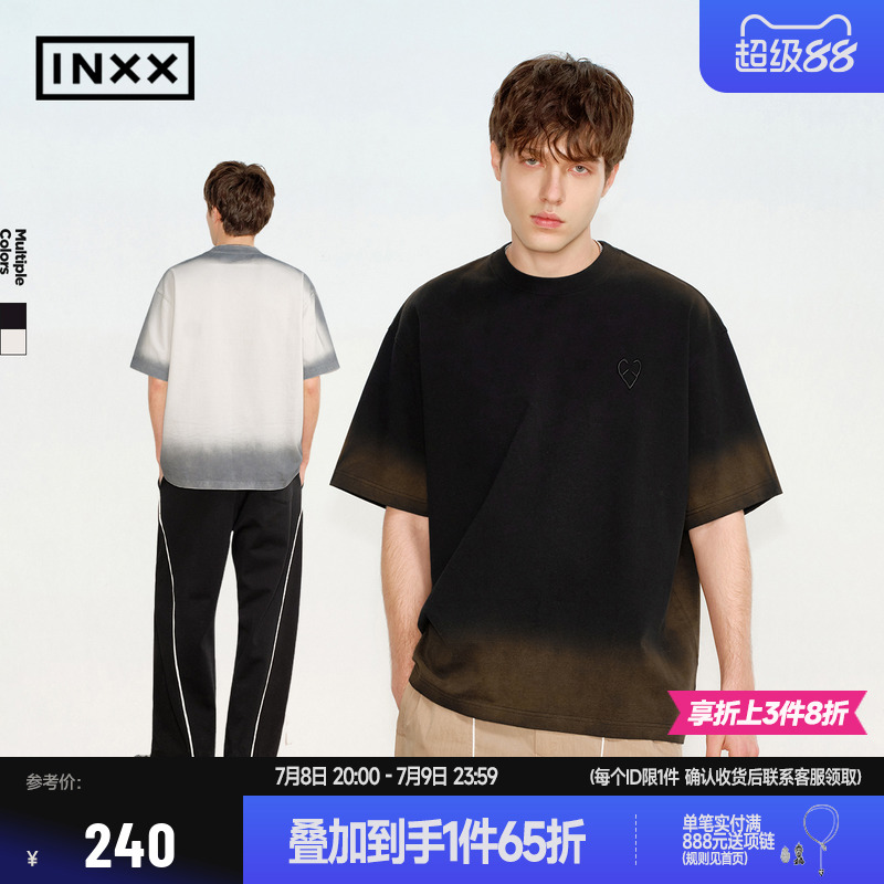 【INXX】仿旧渐变喷色短袖T恤男宽松设计感圆领上衣复古五分袖女