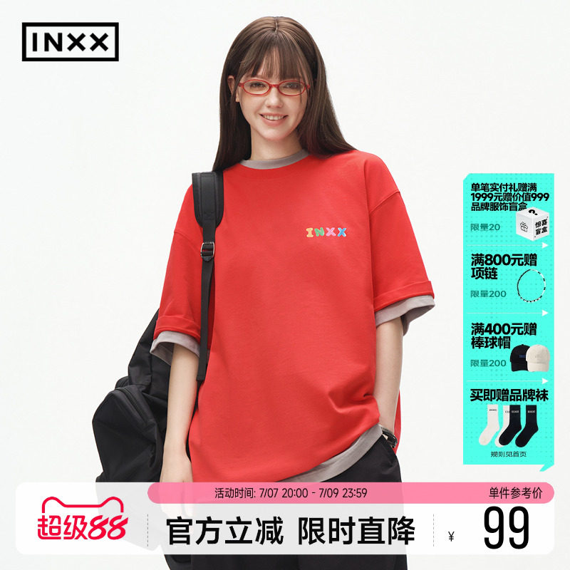 INXX彩色软糖感纯棉印花T恤女2026新款短袖简约宽松圆领男式上衣