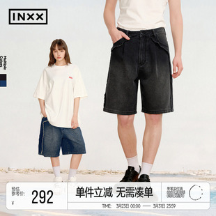 宽松直筒五分裤 男水洗泼墨标中裤 短裤 INXX复古做旧破洞牛仔裤