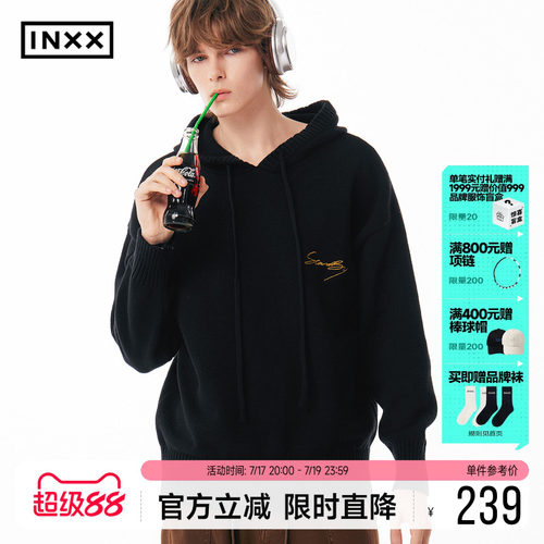 INXX Standby 花体LOGO刺绣连帽针织衫男复古宽松套头毛衣情侣