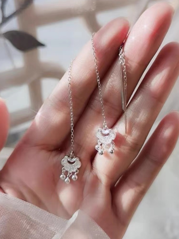 925纯银长命锁耳线2023年新款ins潮耳环夏耳钉小众清新小巧耳饰女