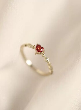 925银时尚日系爱心红石戒指女生简约心形开口指环优雅小清新