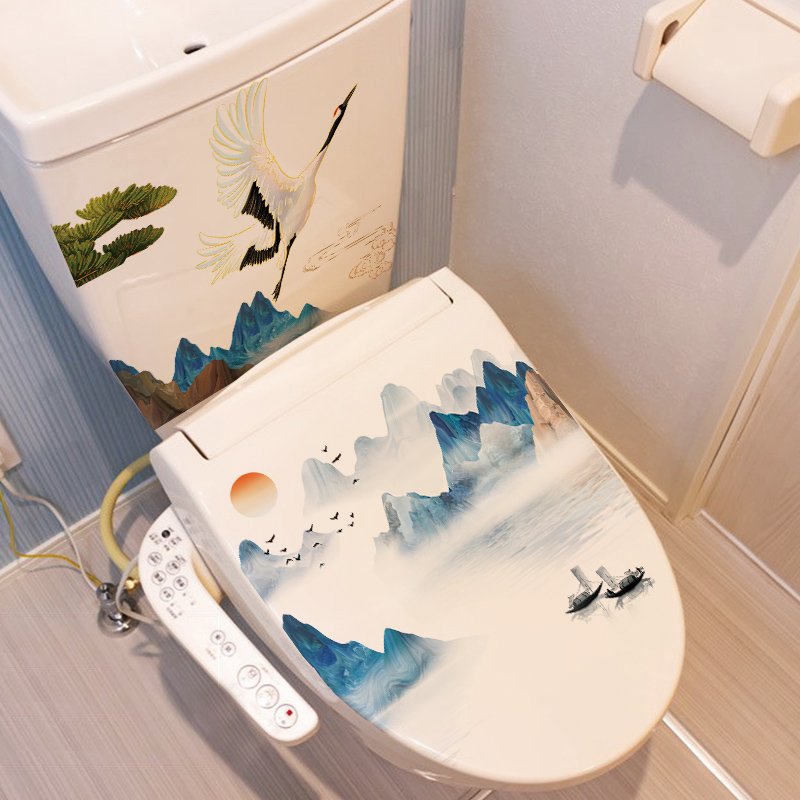 现代简约卫生间马桶贴装饰贴画浴室中国风古风马桶坐便器防水贴纸图片