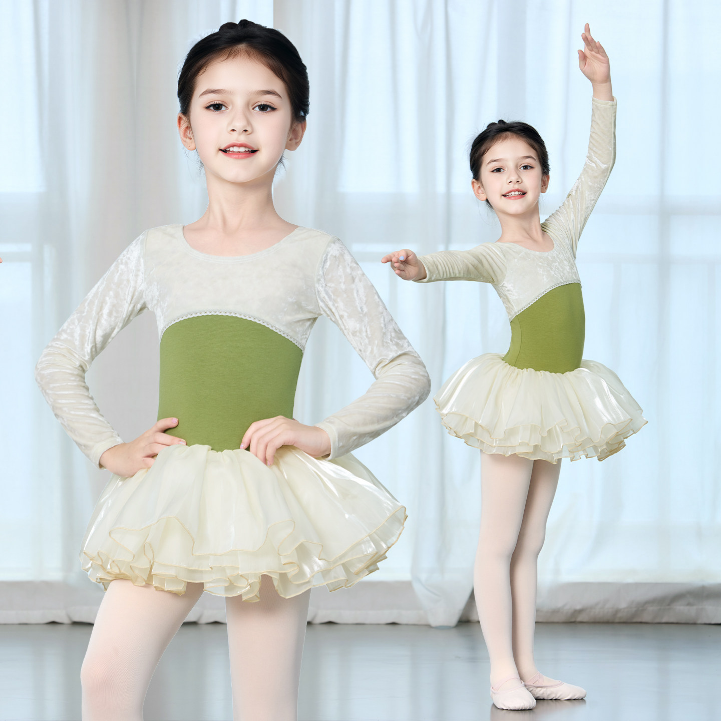 丝绒芭蕾舞裙秋冬季女童幼儿跳舞裙练功服儿童舞蹈服长袖蓬蓬纱裙