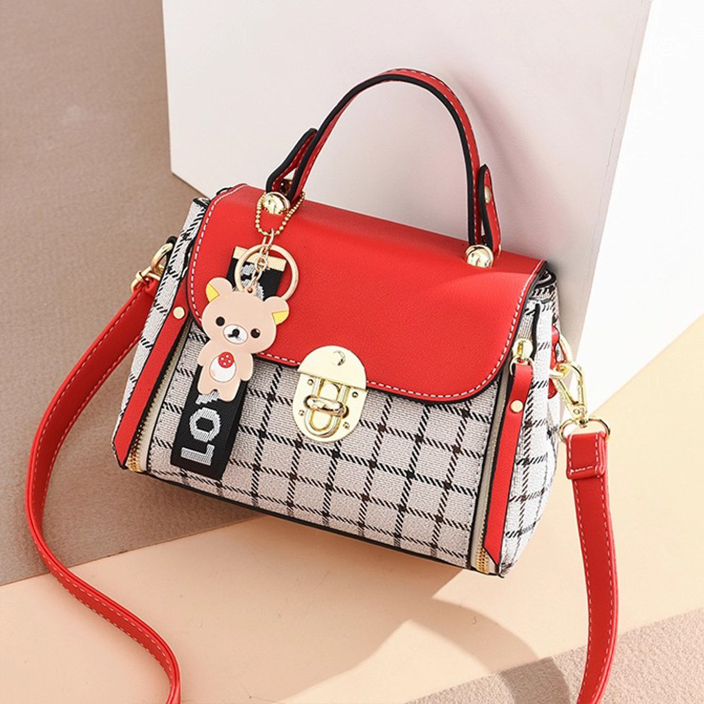 包包女2024新款拼接格纹斜挎包韩版手提小方包单肩超火包森系,箱包皮具/热销女包/男包,小方包,淘宝优惠券,粉丝福利购,淘宝优惠卷