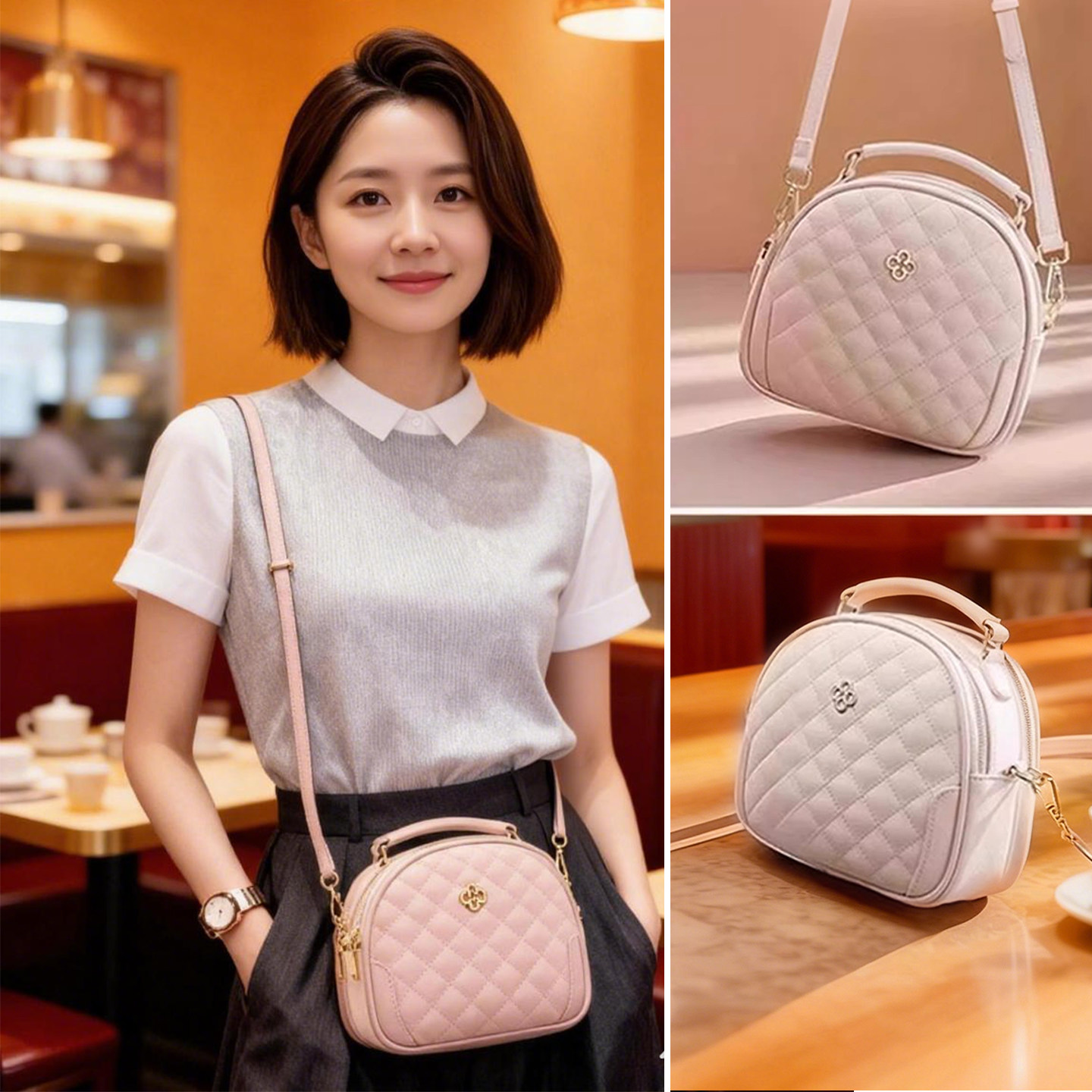 2025新款菱格圆包女斜挎包小香风手提包时尚百搭轻便小包休闲女包