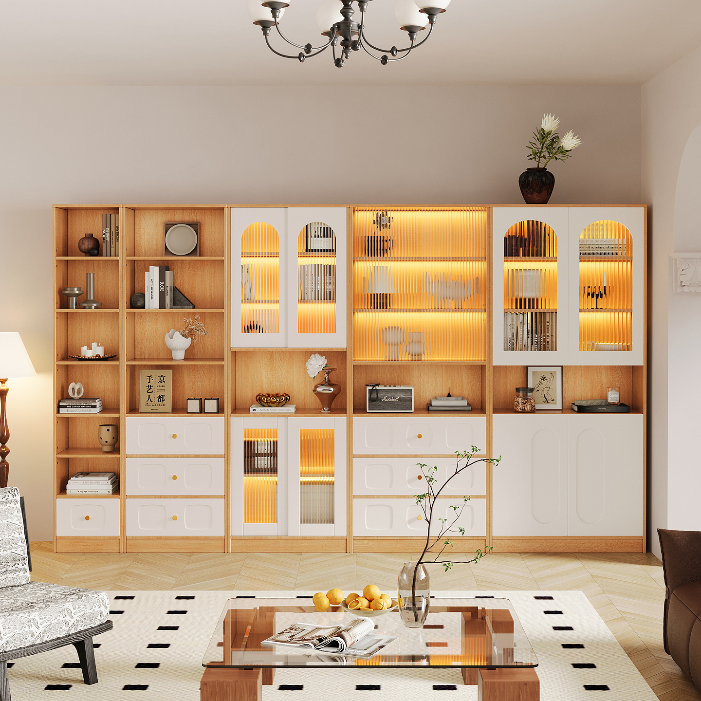 整墙书柜防尘玻璃门展示柜子组合原木色