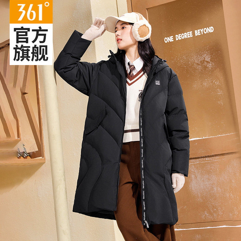 361羽绒服女款2026冬季新款保暖休闲中羽绒服女黑色连帽运动外套