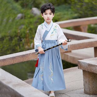 凤歌鸾舞古风汉服男童开笔礼小学生国学朗诵演出服蓝白色儿童国学