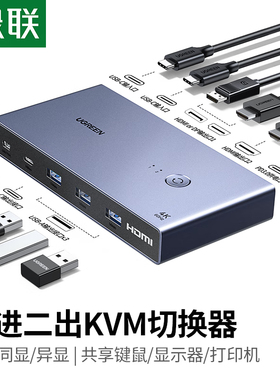 绿联KVM切换器45487二进二出4k双c输入hdmi/DP输出同显/异显CM732