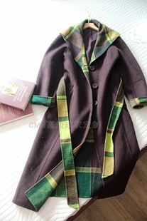 欧美长款腰带简约格子栗色加长双面羊毛手缝女毛呢大衣外套风衣