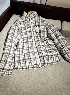 断码清仓甩货小香风黑白格粗纺立领学生男女生加厚面包服棉衣外套