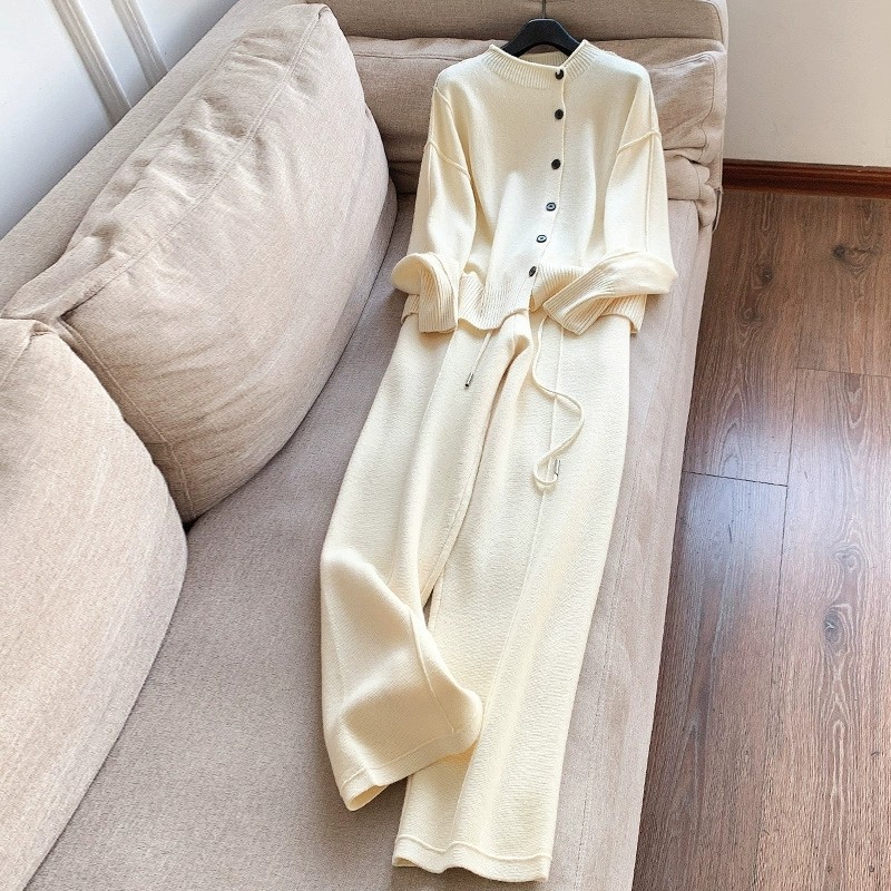 撤柜甩货高端白色2024加厚100羊毛休闲针织开衫+阔腿裤两件套装女