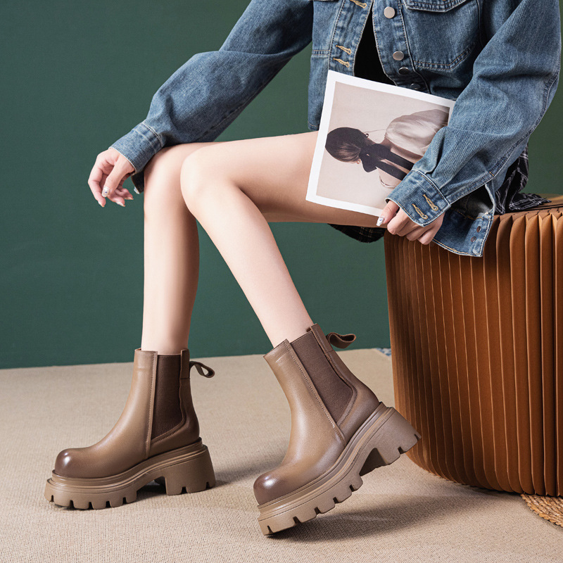 2025春秋新款头层牛皮马丁靴圆头英伦厚底跟烟筒靴女复古切尔西靴