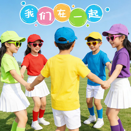 六一表演服彩色儿童t恤小学生毕业班服短袖幼儿园亲子运动会套装