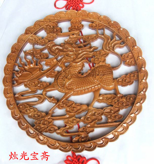 肥城桃木雕麒麟献瑞玄关挂件壁饰墙饰招财骐麟献瑞复古