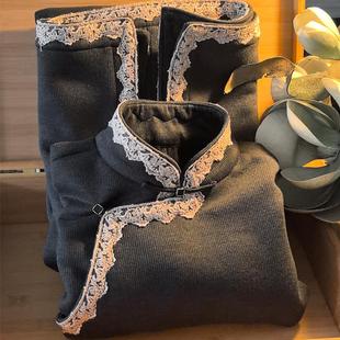 长款 秋冬加绒加厚灰黑色羊绒旗袍复古改良连肩袖 全开襟后腰省修身