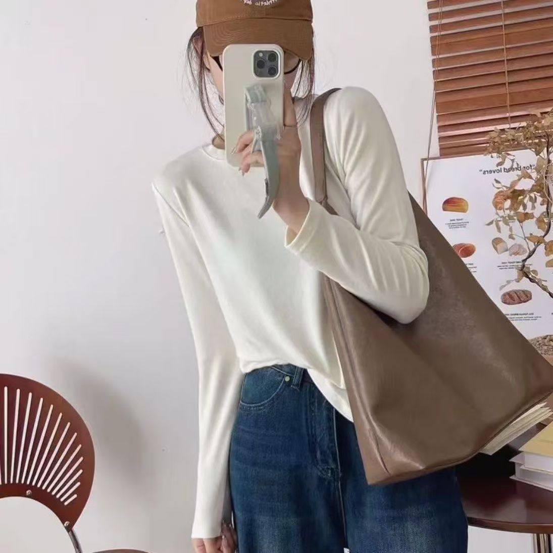 蛋家春秋垂感圆领打底衫棉质亲肤弹力长袖T恤修身百搭显瘦上衣女,女装/女士精品,大码内搭,淘宝优惠券,粉丝福利购,淘宝优惠卷