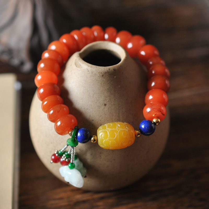 취한 루즈. 회문 오래된 토파즈 청금석 경옥 다중 보물 팔찌와 천연 LIANGSHAN NANHONG 체리 레드 팔찌