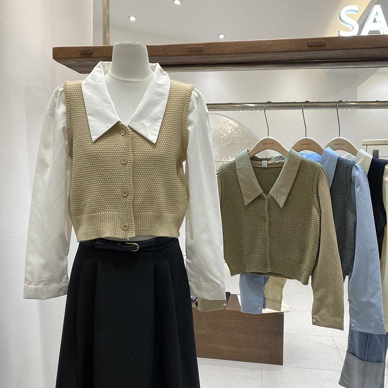 diyi 小个子穿搭假两件针织衫女2023秋冬新款韩系设计感马甲衬衫