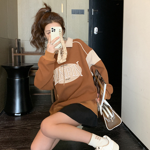 高品质复古拼色华夫格长袖卫衣男女情侣潮牌宽松设计感百搭Polo衫,女装卫衣/绒衫,Mushroom