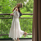 CloudSweet白云甜法式重工刺绣白色连衣裙女夏高级感收腰长款裙子，女装连衣裙，Mushroom