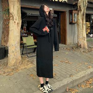 黑色连帽卫衣连衣裙女春季2025新款学院风慵懒松弛感显瘦减龄长裙图片