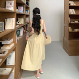 黄色压褶法式吊带连衣裙女夏季2025时尚新款温柔风小个子百搭长裙，女装连衣裙，Mushroom
