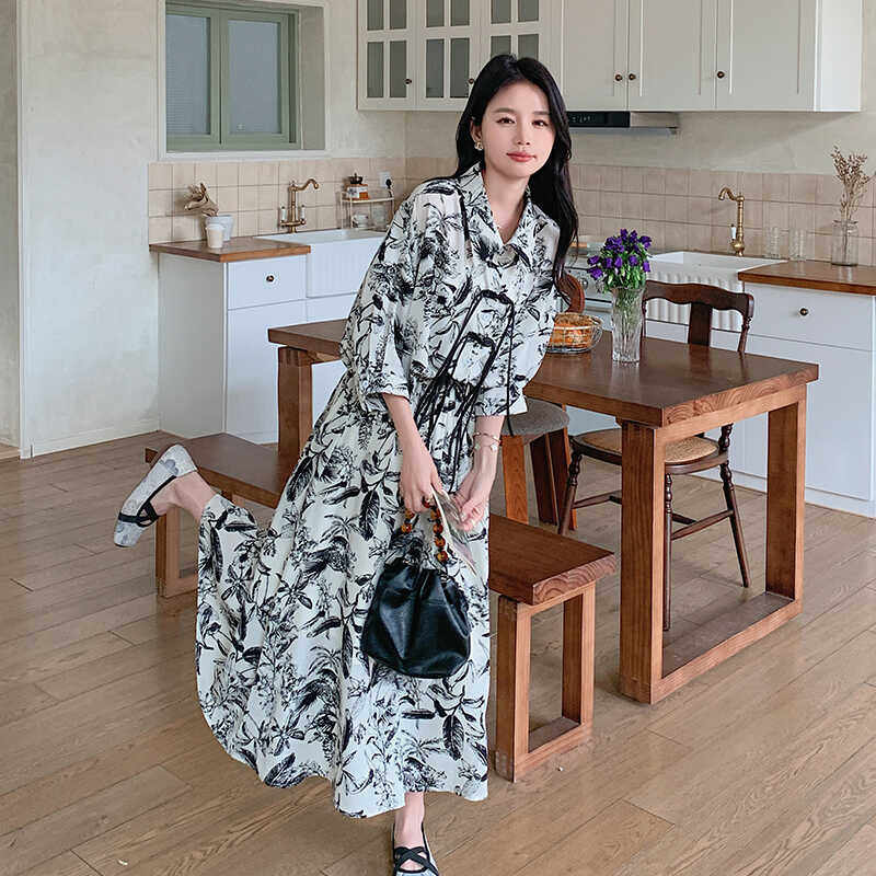 新中式国风水墨印花连衣裙女2025春秋季新款宽松显瘦复古茶歇长裙,女装连衣裙,Mushroom