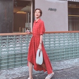格子白色连衣裙女夏2025新款气质女神范高级感显瘦不规则衬衫长裙，女装连衣裙，Mushroom