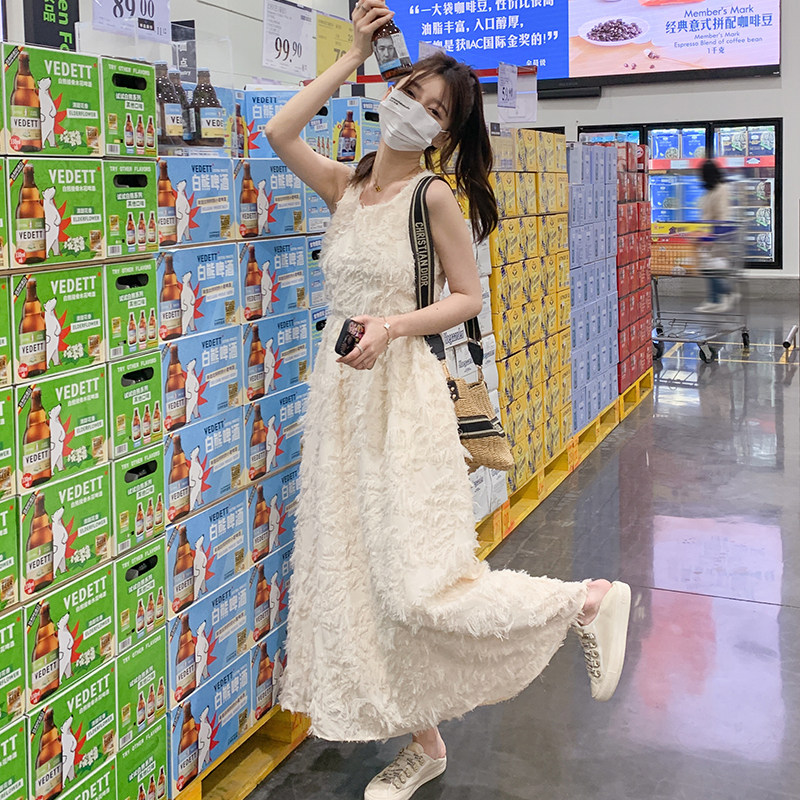 白色连衣裙夏长款到脚踝裙子收腰性感名媛雪纺无袖流苏仙女裙长裙，女装连衣裙，Mushroom