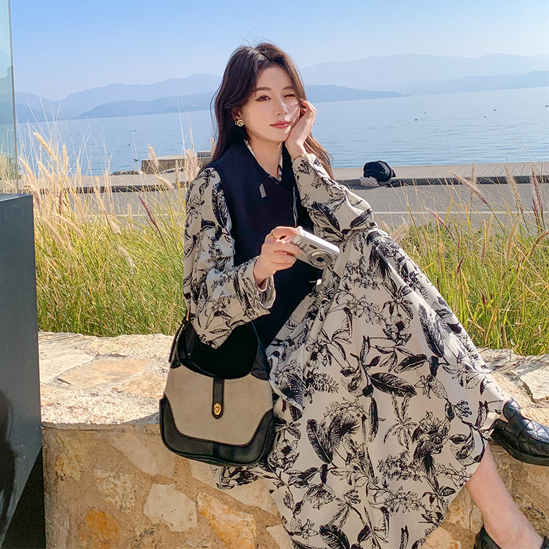 休闲风秋季时尚时尚套装通勤连衣裙通勤风新中式法式印花套装碎花图片