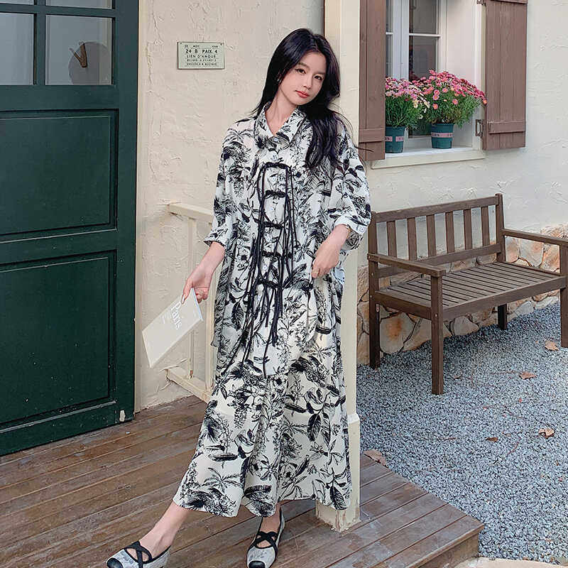 新中式国风水墨印花连衣裙女2025春秋季新款宽松显瘦复古茶歇长裙,女装连衣裙,Mushroom