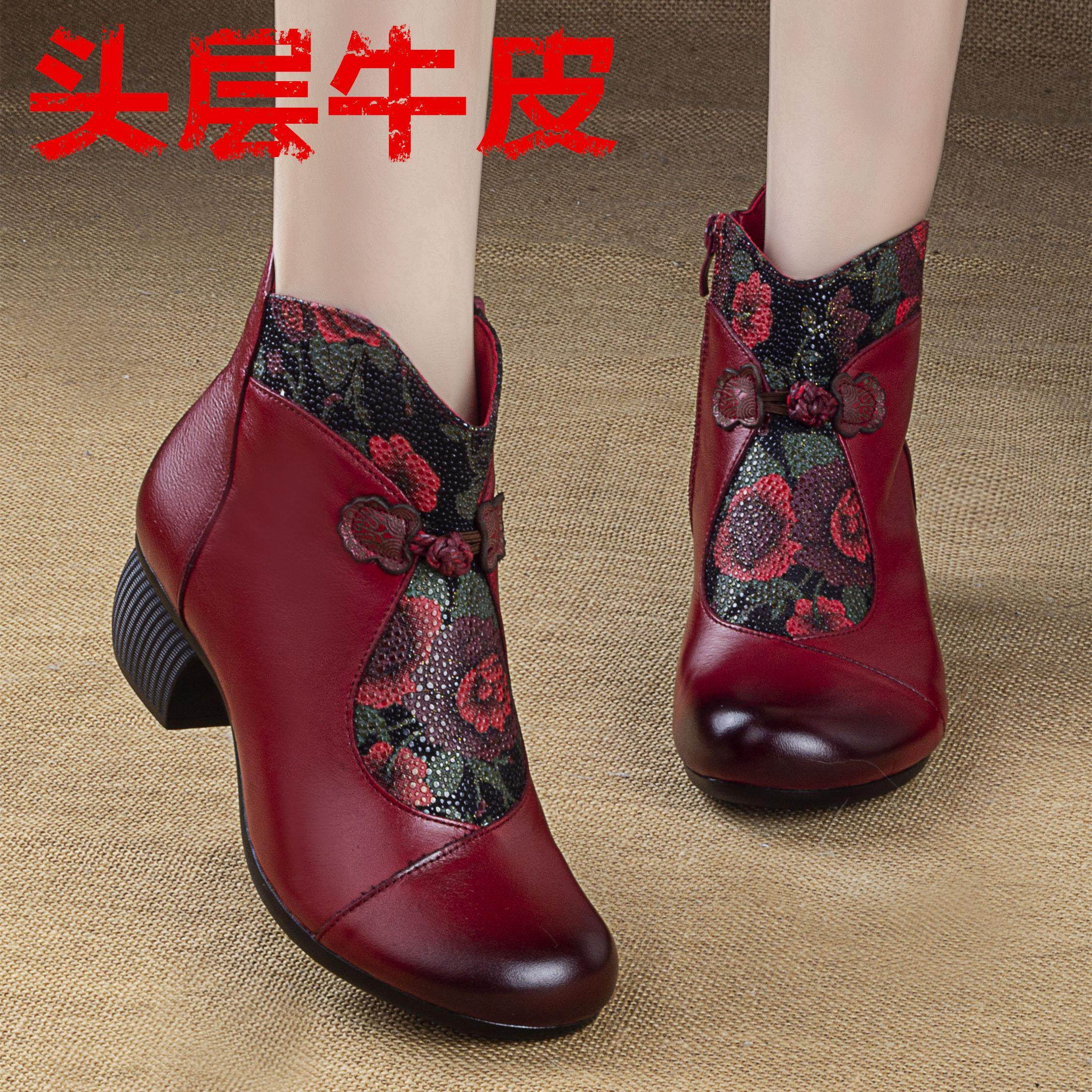 广场舞民族风复古中跟花朵妈妈鞋