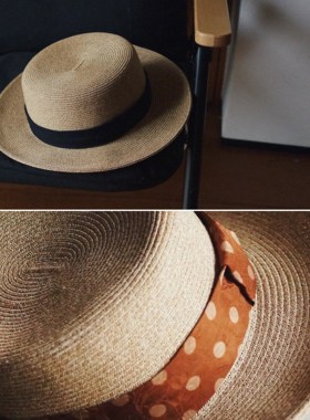 【时舟】香云纱墨蓝手织布 进口纸草 遮阳复古草编 平顶平檐礼帽