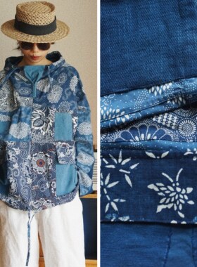 【时舟】 植物蓝染手织布 蓝印花拼布风格 smock男女同款带帽罩衣