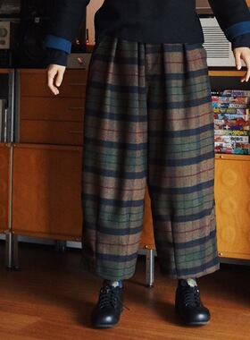 【时舟】绿色格纹羊毛呢 秋冬中性百搭 松紧腰围 大廓形灯笼裤