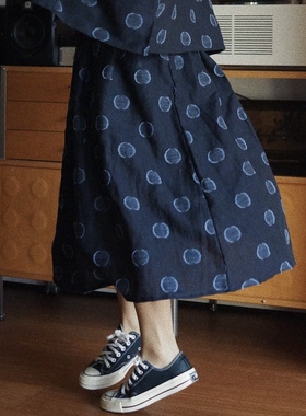 【时舟】立体绒毛波点藏青亚麻  松紧腰休闲 口袋款复古半身裙