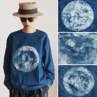 环保植物蓝染长袖 圆形月球传统型糊染 月亮蓝T 全棉T恤 时舟