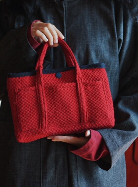 【时舟】传统红色条纹手工织布 彩色几何棉 限量多兜小包 手拎包