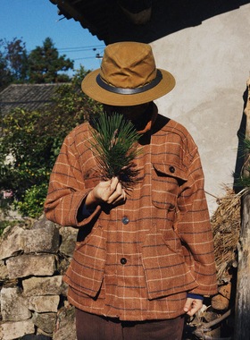 【时舟】棕色羊毛格 毛呢面料 多兜猎装 中性灯芯绒翻领夹克外套