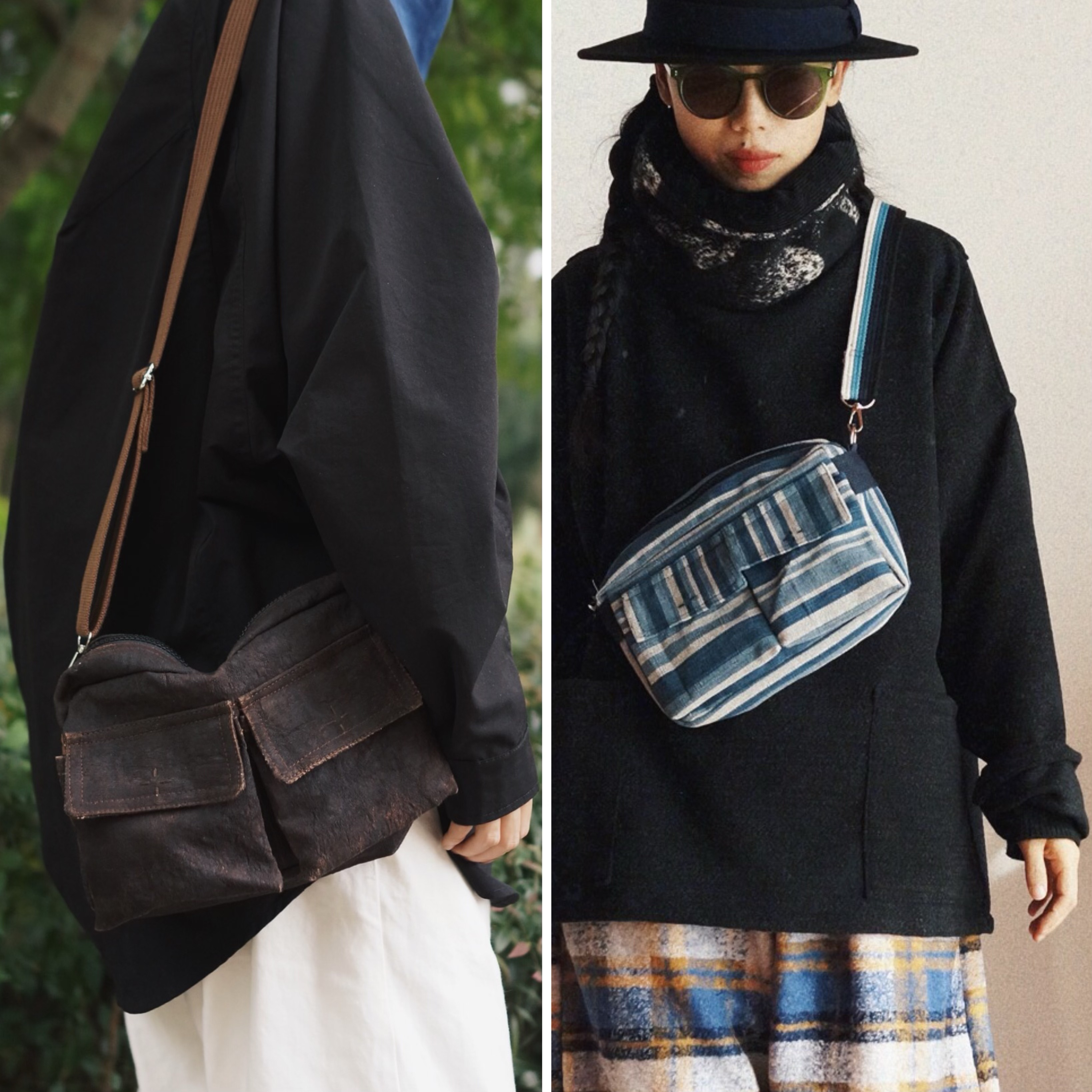 时舟多口袋背包条纹中性泥染莨绸