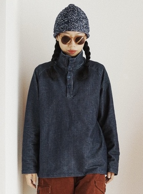 【时舟】藏青白色条纹进口针织弹力面料 按扣款 中性半开领套头衫