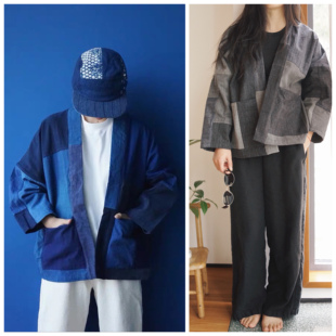 蓝靛染土布 手工织布 灰色棉花先染 indigo拼布短外套 时舟