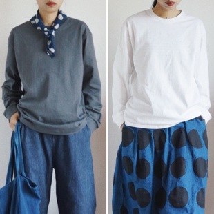 简约 灰白纯棉 蜡染圆领长袖 中性男女款 经典 T恤 百搭复古 时舟