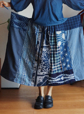 【时舟】N种变化的系绳长裙 蓝染棉麻面料手工拼布 限量半身裙